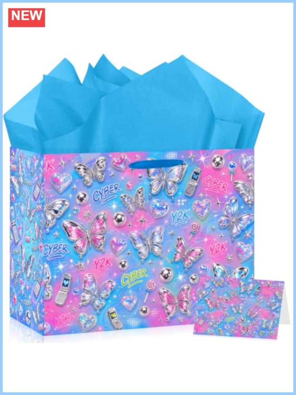 Y2k Butterfly Heart Gift Bag Set with Card & Tissue Paper Party Favor